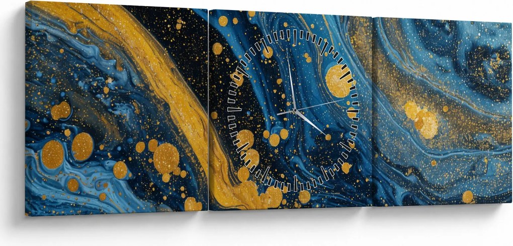Obraz - Niebieska abstrakcja ze złotem (z zegarem) (90x30 cm)