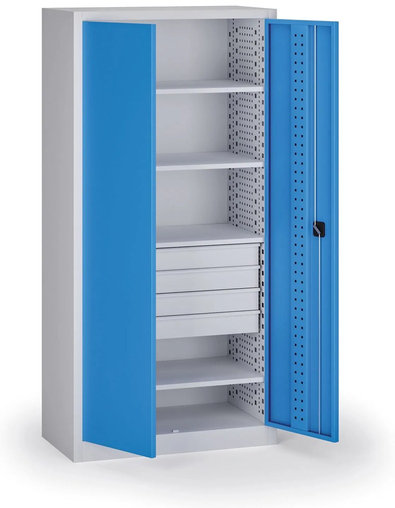 Szafa warsztatowa, 4 półki + 4 szuflady, 1950 × 950 × 500 mm, niebieskie drzwi