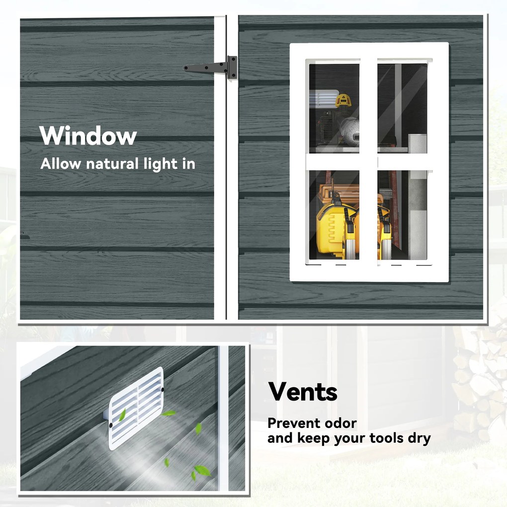 Outsunny Domek ogrodowy 2,89 m² z wyglądem drewna, 3 okna, wentylacja, podłoga, zamek, rękawice, 182 x 182 x 196 cm | Aosom PL