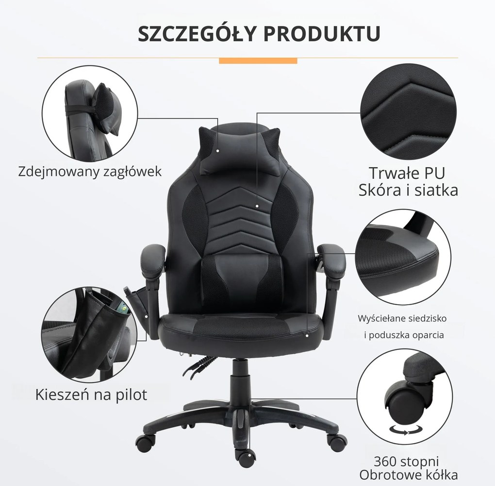 HOMCOM Fotel biurowy ergonomiczny obrotowy z masażem i ogrzewaniem czarny elegancki design | Aosom PL