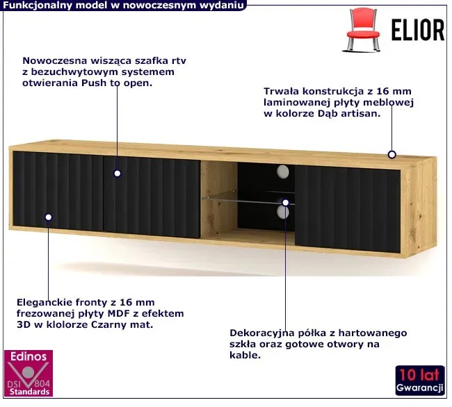 Frezowana ścienna szafka rtv dąb artisan + czarny - Solveno