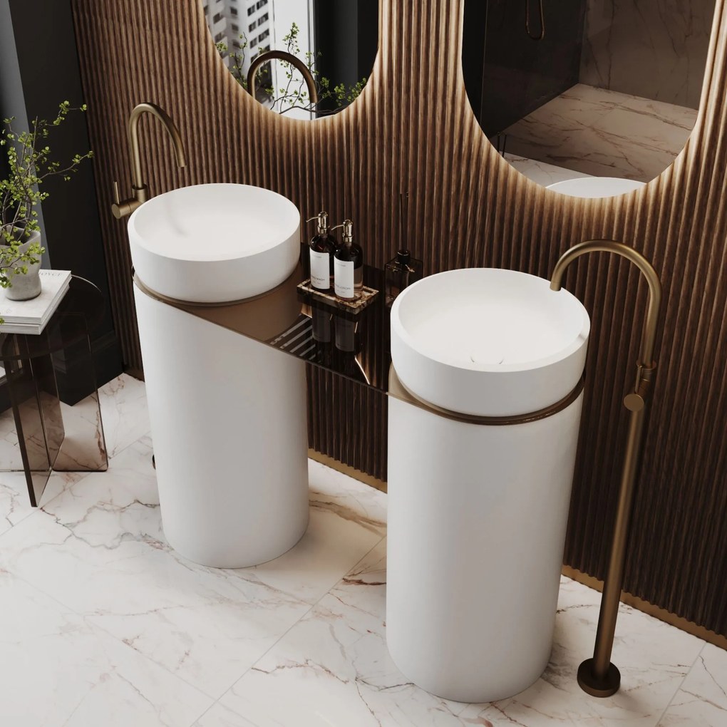 Dwie umywalki z konglomeratu wolnostojące okrągłe 85 x 40 cm RONA bez przelewu połączone półką szklaną | Różne kolory półki : Kolor szklanej półki - Grafitowy, Kolor umywalki RONA - Biały matowy, Podłączenie syfonu - Do podłogi