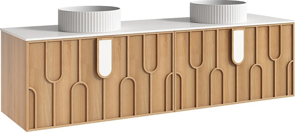 Wiszaca szafka łazienkowa teksturowana z podwójną okrągłą, prążkowaną umywalką nablatową - Jasny naturalny - szer. 180 cm - MERKAN