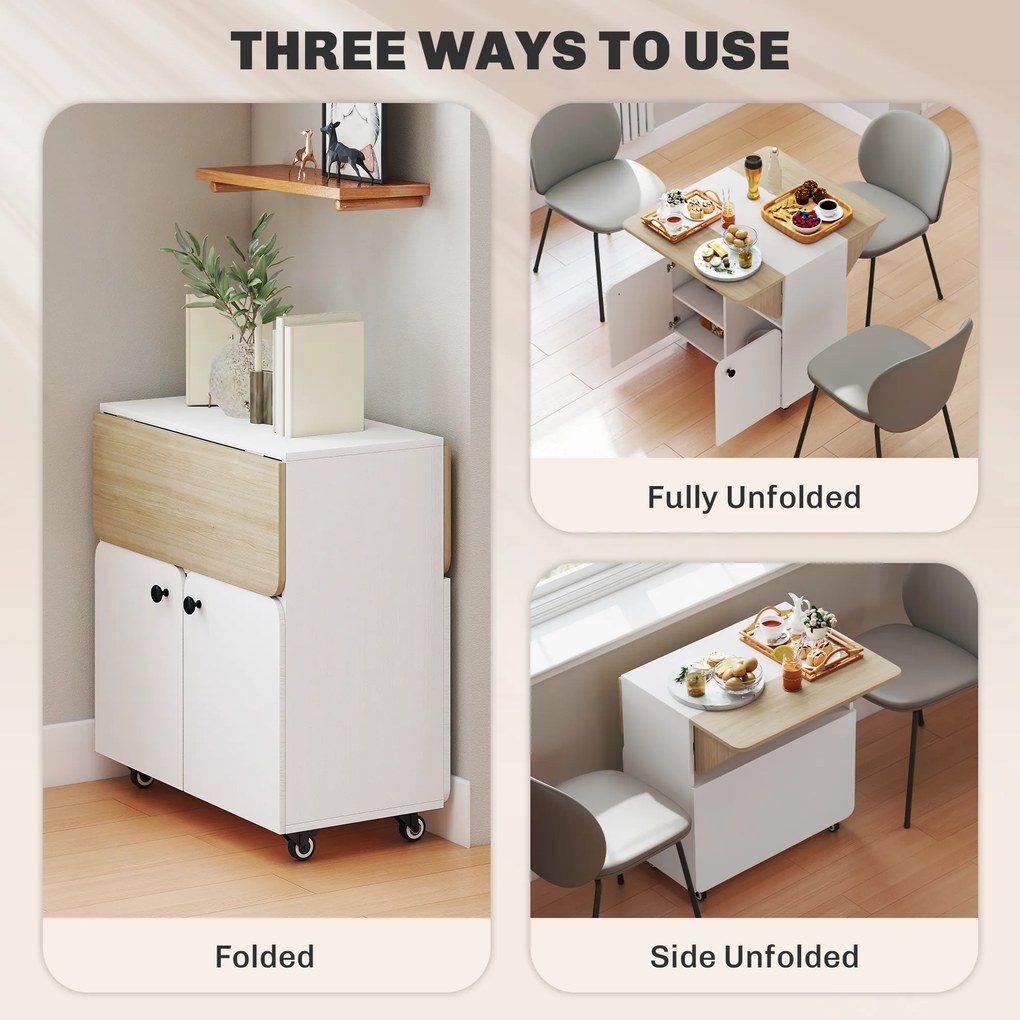 HOMCOM Składany Stół z Rolą, dwa składane boki, półka, 4 koła, Biały+Naturalne drewno, 70 x 83 x 75 cm