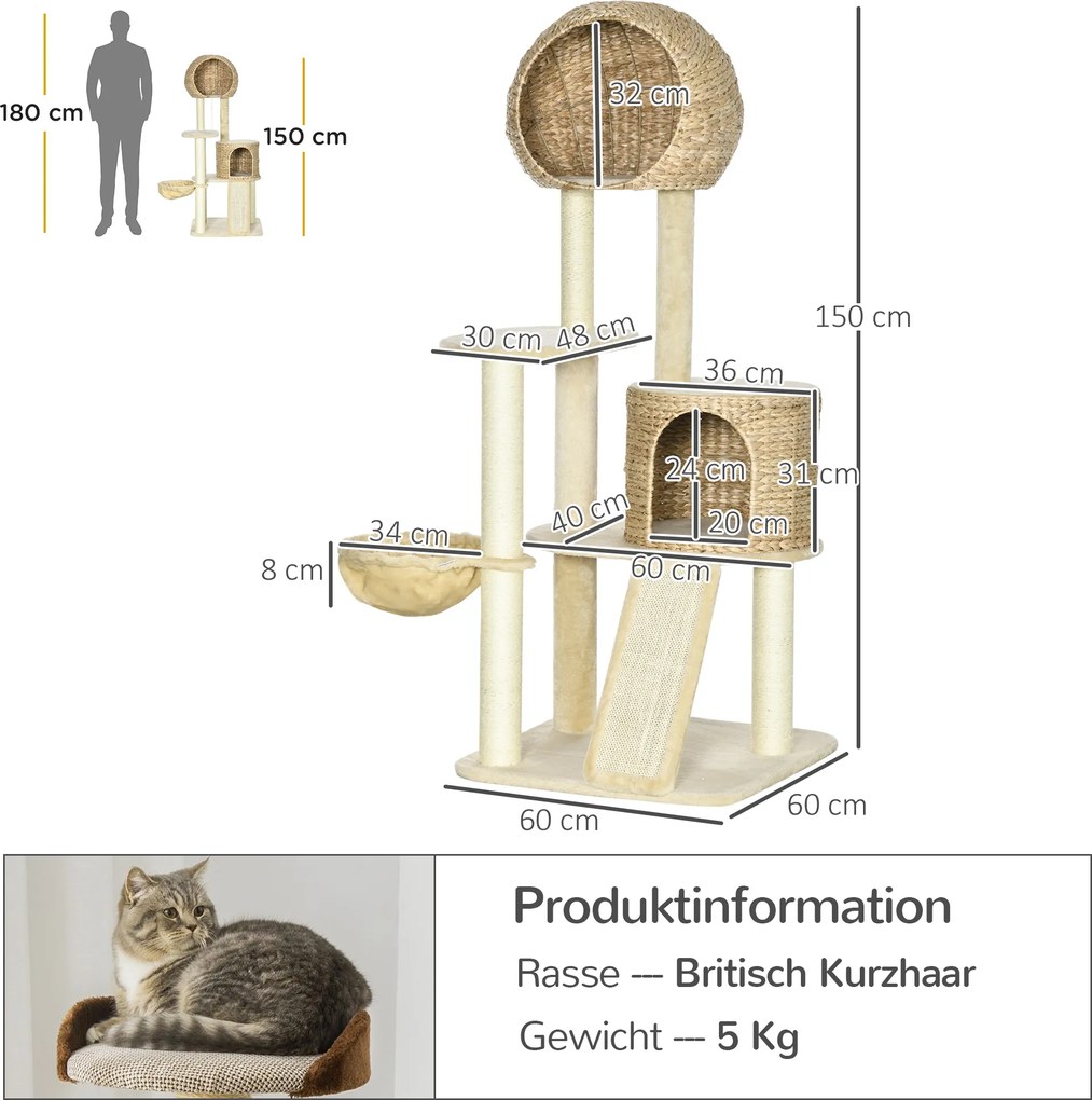 PawHut Drapacz dla Kota z Domkiem Platformy Hamak Mata do Drapania Zabezpieczenie Przeciwpadaniowe Beżowy 60x60x150cm | Aosom PL