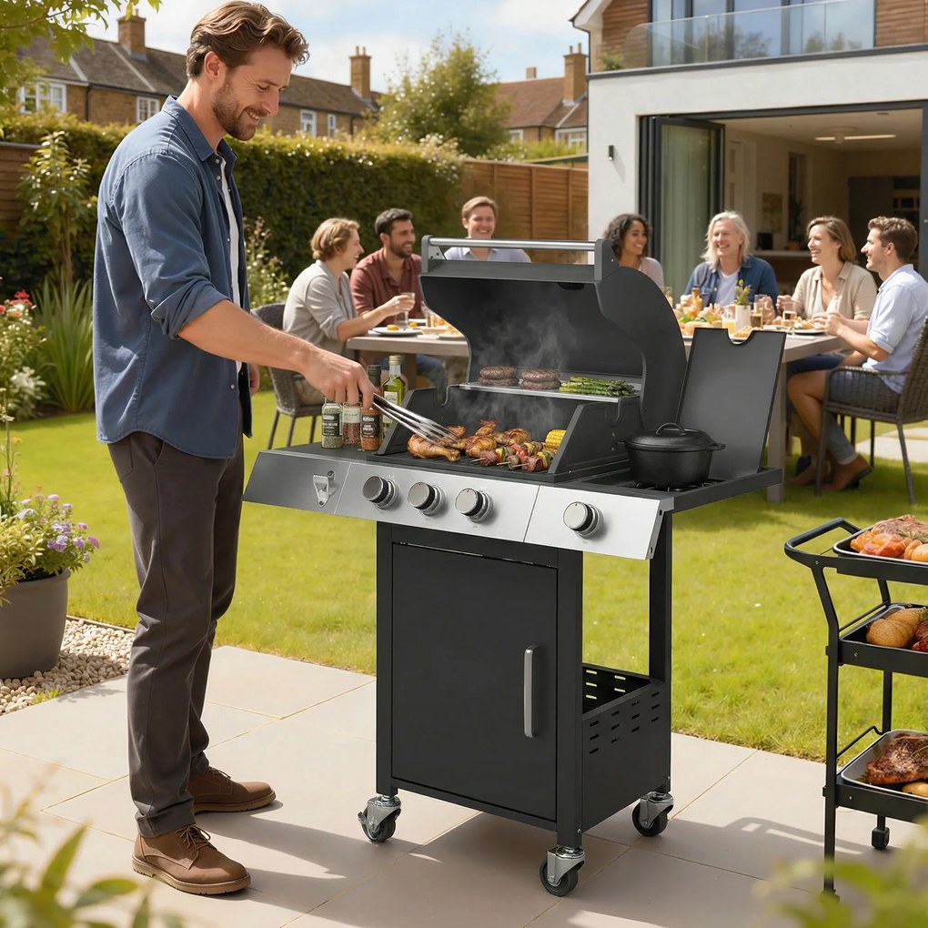 Outsunny Grill gazowy 10,5 kW 3+1 palniki BBQ wózek stal nierdzewna z bocznym palnikiem, otwieraczem do butelek i termometrem | Aosom PL