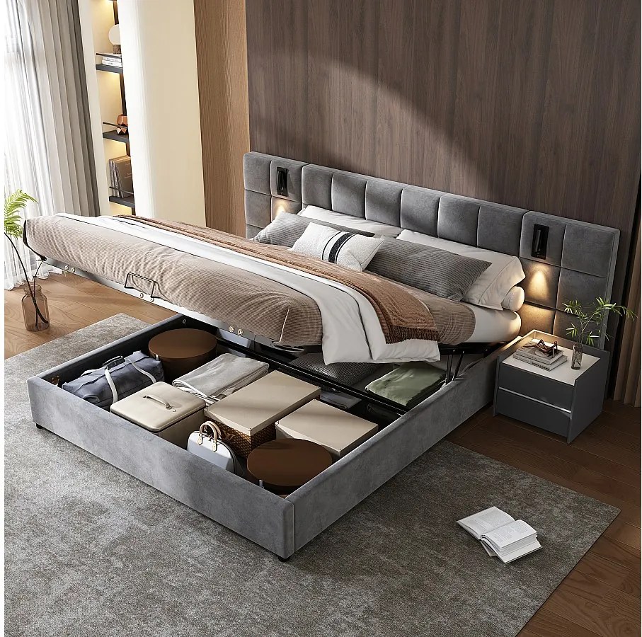 Łóżko ze schowkiem i regulowanym zagłówkiem - 160 x 200 cm - aksamit - z regulowaną lampką i USB - styl nowoczesny - szary