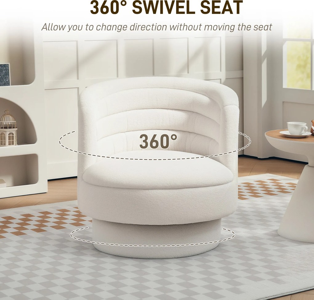 HOMCOM Obrotowy Fotel Tapicerowany, Nowoczesny Fotel Klubowy z Ramą z Drewna Kauczukowego, do Salonu, Sypialni, Kremowy