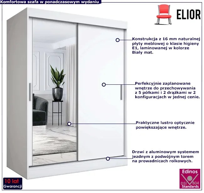 Biała szafa przesuwna z lustrem 150 cm Xyvok