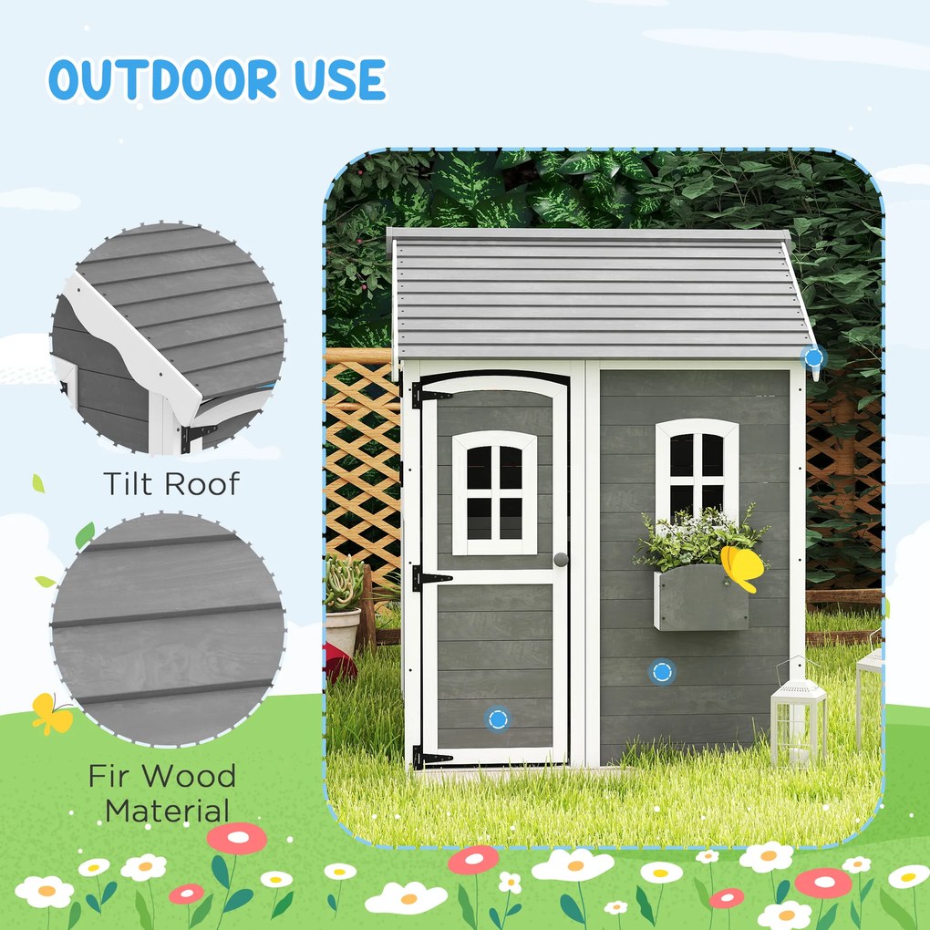 Outsunny Domek dla dzieci, do wewnątrz i na zewnątrz, z drzwiami, oknami i skrzynką na rośliny, Drewno świerkowe, Szary