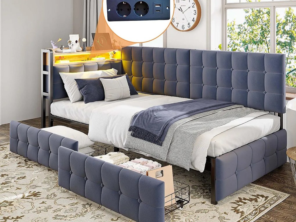 Kanapa rozkładana z tapicerką 90 x 200 cm - z 2 szufladami - z oświetleniem LED - z portami USB i Type-C - Ciemnoszary (bez materaca)