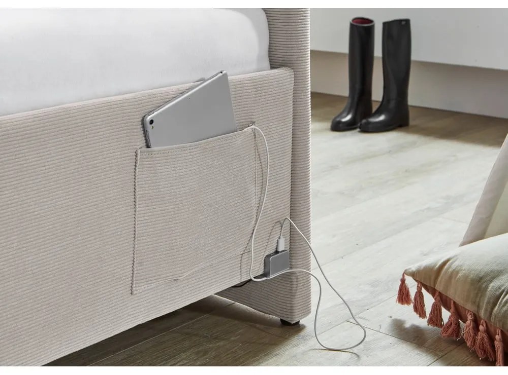 Beżowe tapicerowane narożne łóżko dziecięce ze schowkiem ze stelażem 90x200 cm Cool – Meise Möbel