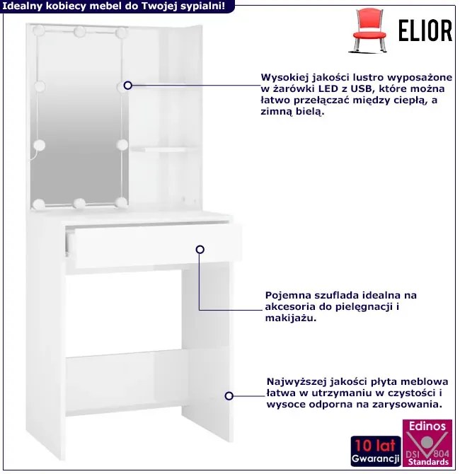 Nowoczesna toaletka z lustrem i szufladą biały połysk Dada 4X