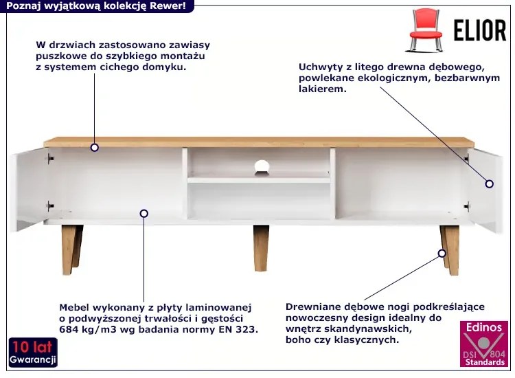 Długa szafka RTV na dębowych nóżkach biały + hikora 160 cm A6-P46