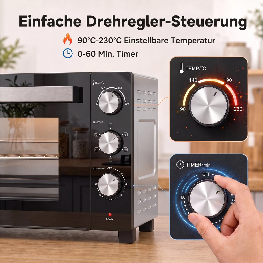 HOMCOM 36 L mini piekarnik z termoobiegiem, regulacja temperatury 90–230 °C, 1500 W | Aosom PL