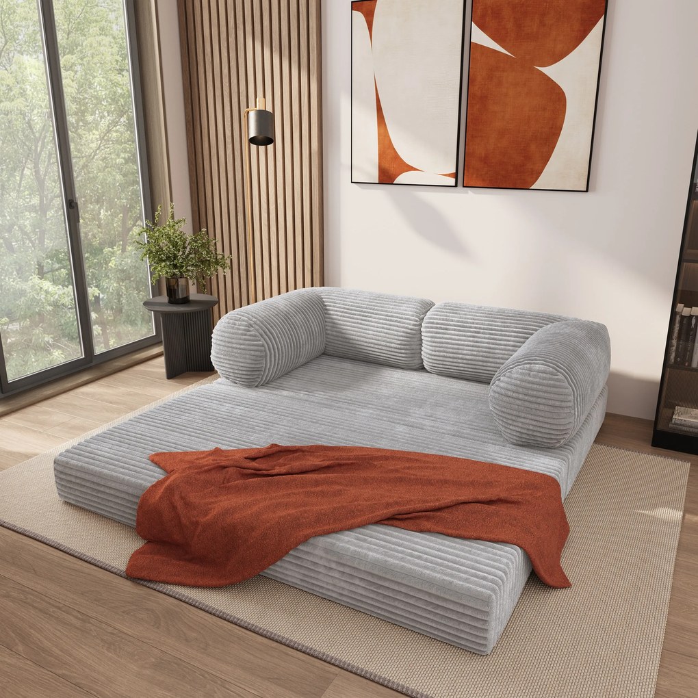 Masseno Sofa piankowa ALVIO z funkcją spania, Kanapa z pianki do salonu, Bezmontażowa, Tkanina sztruksowa – Jasnoszary TILIA 86