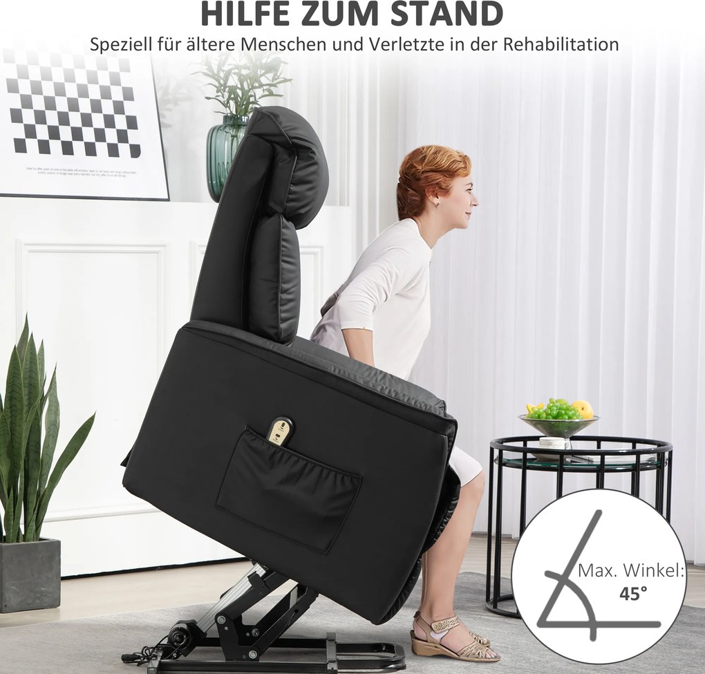 HOMCOM Elektryczny fotel do wstawania, z funkcją leżenia, skóra ekologiczna, 80 x 94 x 104 cm, Czarny | Aosom PL