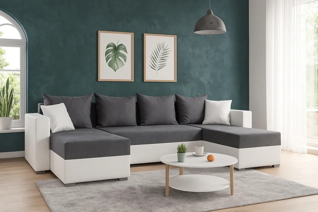 Przestronny narożnik U z funkcją spania do dużego salonu - DUO, szaro-biały