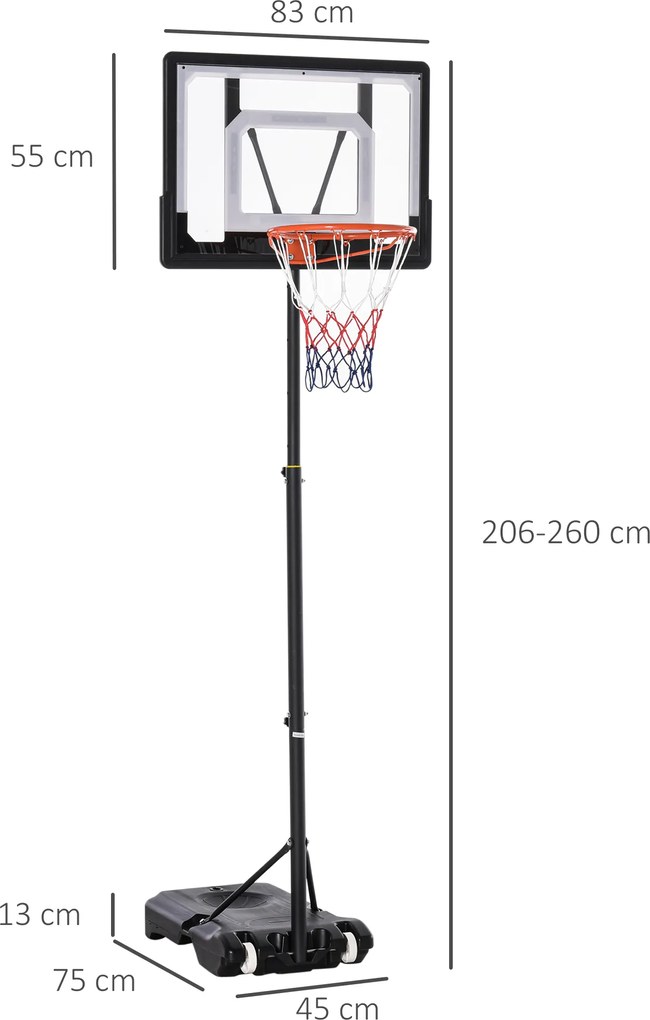 HOMCOM Stojak do Koszykówki Regulowana Wysokość Czarny 83x75x206–260cm | Aosom PL