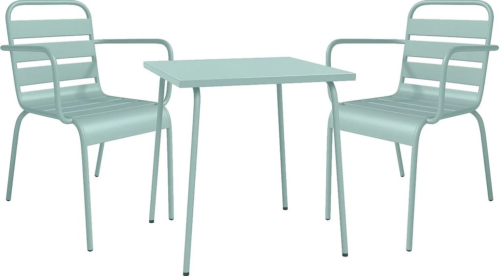 Metalowy zestaw mebli ogrodowych - stół o dł. 70 cm i 2 sztaplowane fotele - Migdałowa zieleń - MIRMANDE od MYLIA