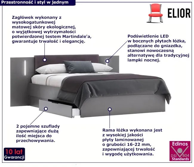Szare Nowoczesne Łóżko Z Oświetleniem Led 160X200 Cm T4-B15