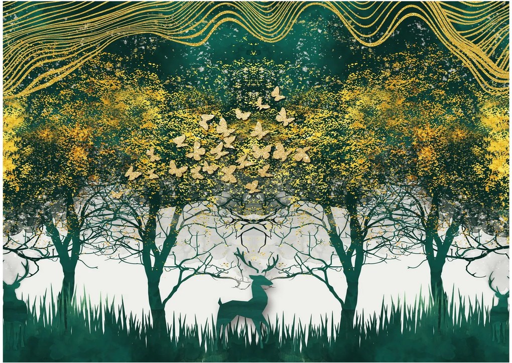 Obraz na szkle - Jelenie w zielonym lesie (70x50 cm)