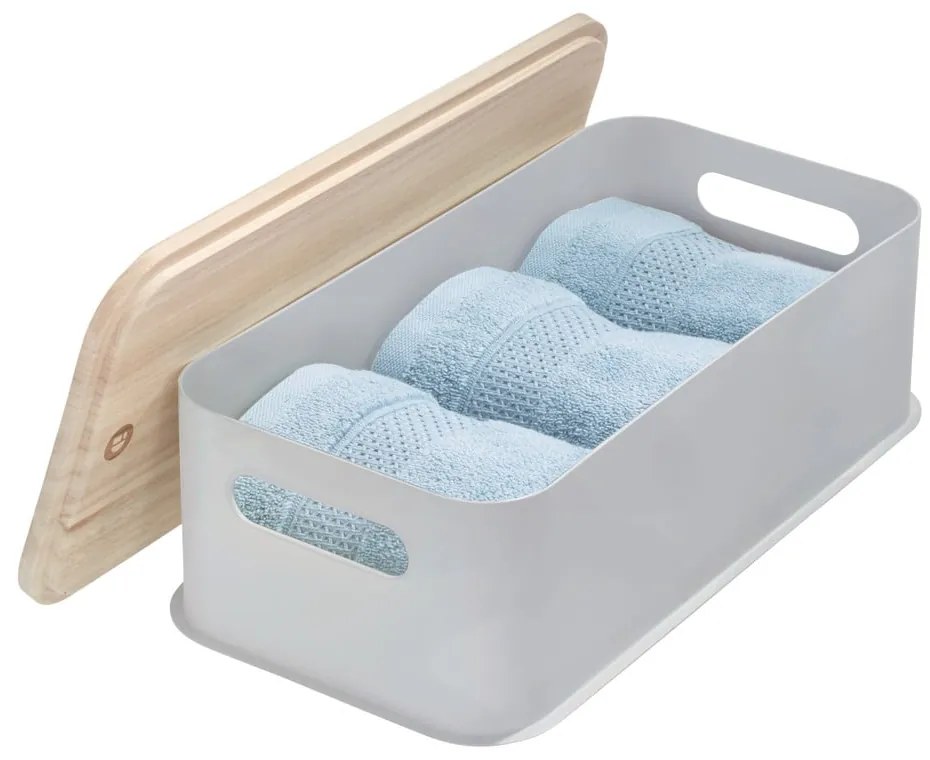 Szary pojemnik z pokrywką z drewna paulownia iDesign Eco Handled, 21,3x43 cm
