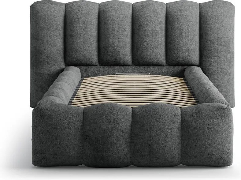 Ciemnoszare tapicerowane łóżko jednoosobowe ze schowkiem i stelażem 90x200 cm Lupine – Micadoni