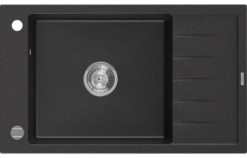 Mexen Elias zlewozmywak granitowy 1-komorowy z ociekaczem 795 x 480 mm, czarny/srebrny metalik, syfon chrom - 6511791005-73