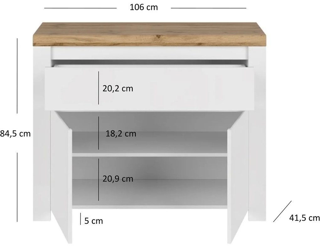 Komoda Dwudrzwiowa z Szufladą do Salonu HAVEN 106 cm Biały Połysk/Dąb Wotan Nowoczesna