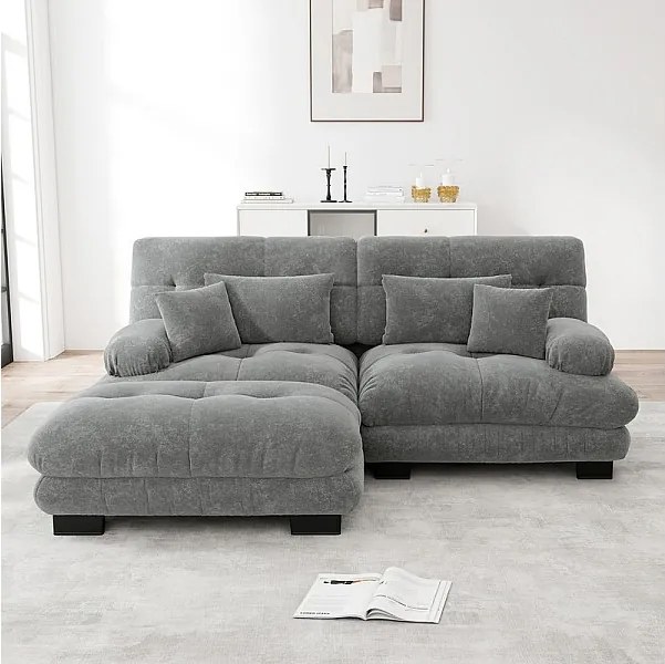 Sofa narożna 2-osobowa z tkaniny Chenille, z 4 poduszkami, zdejmowaną pufą, kombinacja DIY, 220x145x81cm, Szary