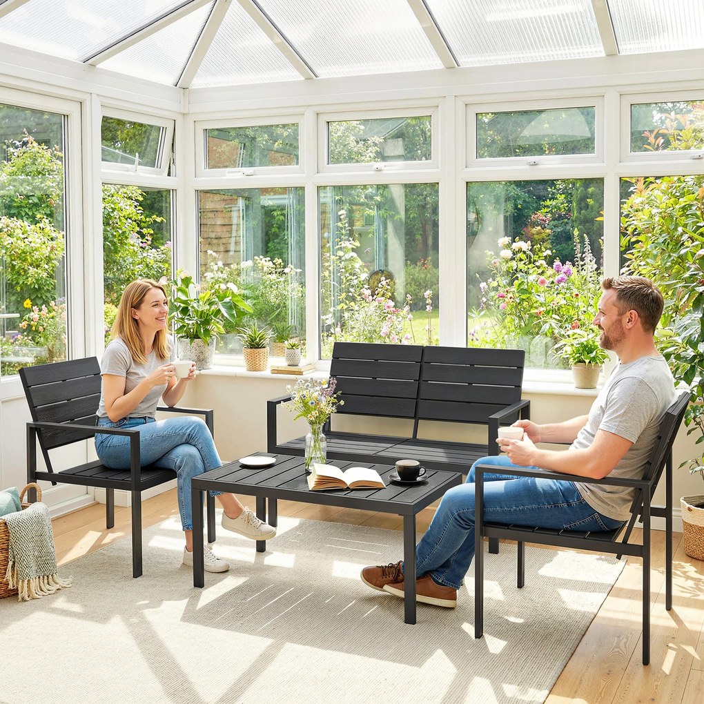 Outsunny Zestaw mebli ogrodowych dla 4 osób sofa dwuosobowa dwa fotele stolik kawowy czarny ogród taras | Aosom PL