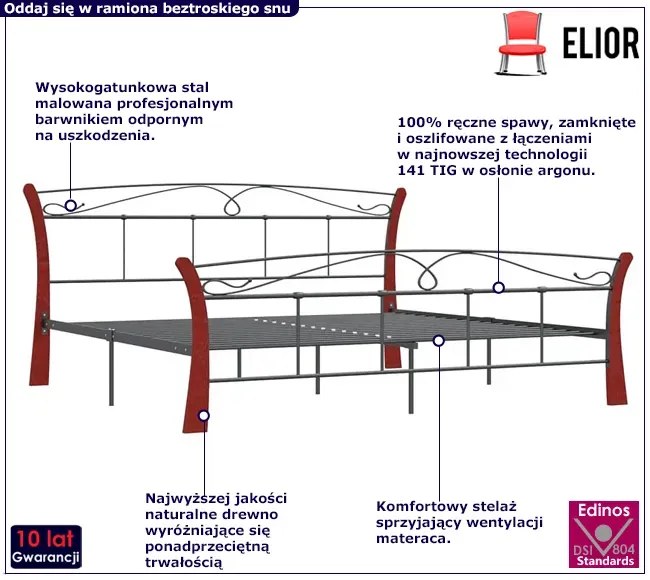 Metalowe łóżko małżeńskie czarny + ciemny dąb 140x200 cm - Elistro