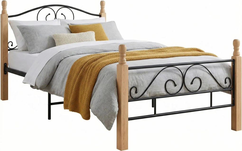 Rustykalne łóżko metalowe czarny + jasny dąb 100x200 cm B5-A97