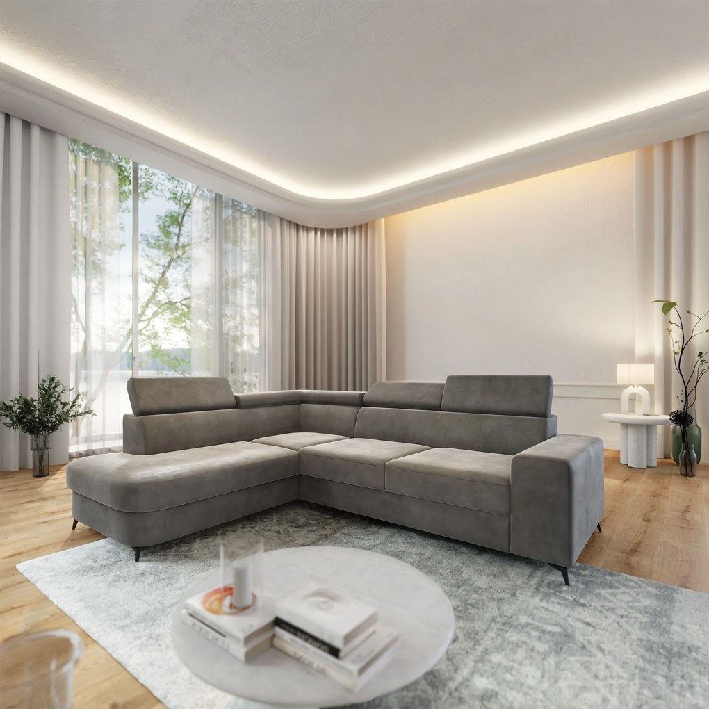 Masseno Narożnik ALVORO z funkcją spania i pojemnikiem na pościel Narozniki L, Rozkładana sofa - Szary, MONOLITH 85