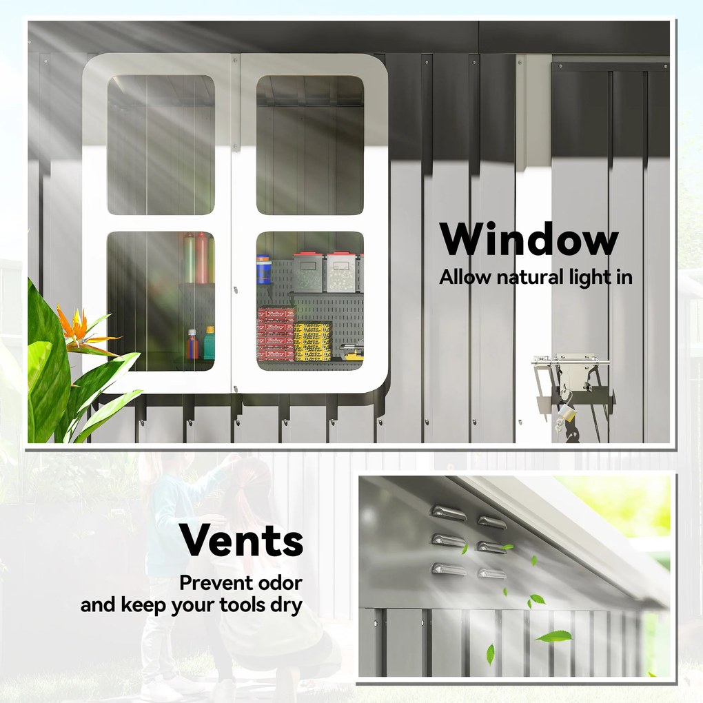 Outsunny Domek Ogrodowy ze Stalową Konstrukcją, z Oknem i Zamkiem, do Ogrodu i Tarasu, 221Dł x 133Szer x 190Wys cm, Szary