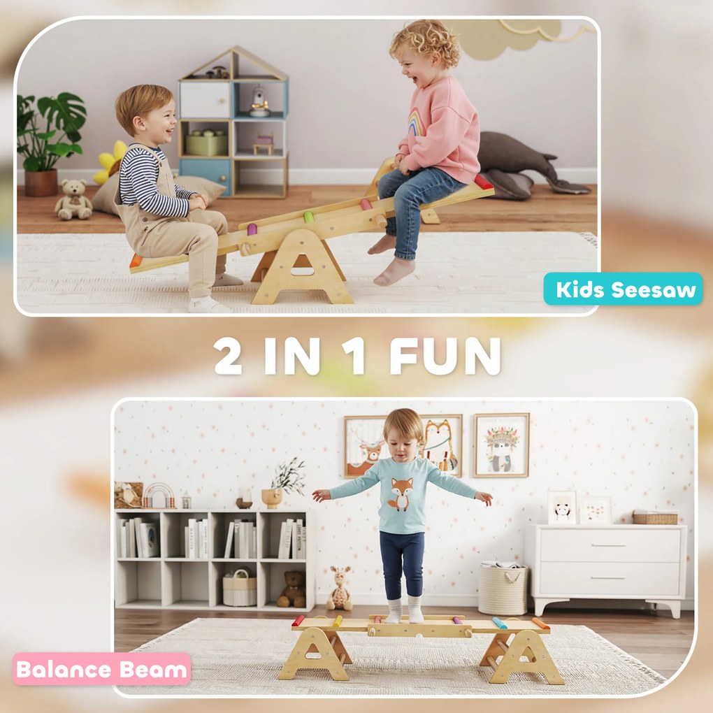 AIYAPLAY Huśtawka drewniana i równoważnia, 2 w 1 huśtawka ogrodowa dla dzieci, dla 2-4 Jahre, 133 x 38 x 24 cm, Wielobarwna