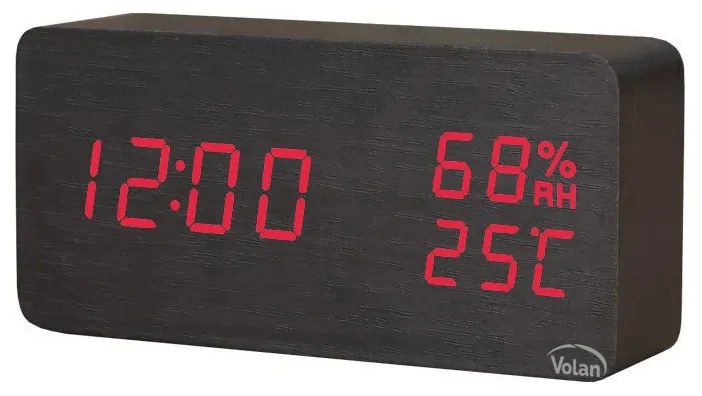 Zegar budzik elektroniczny led drewniany stojący - data termometr higrometr