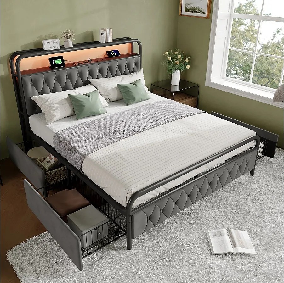 Łóżko dla dorosłych 160x200 cm – łóżko dwuosobowe z oświetleniem USB i LED – 4 szuflady – szary aksamit – bez materaca