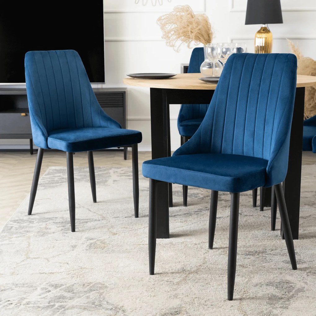 Zestaw Stół Okrągły Rozkładany HARRY 102-142 cm Dąb Artisan/Czarny i 4 Krzesła Tapicerowane BARI Granatowe Nowoczesne