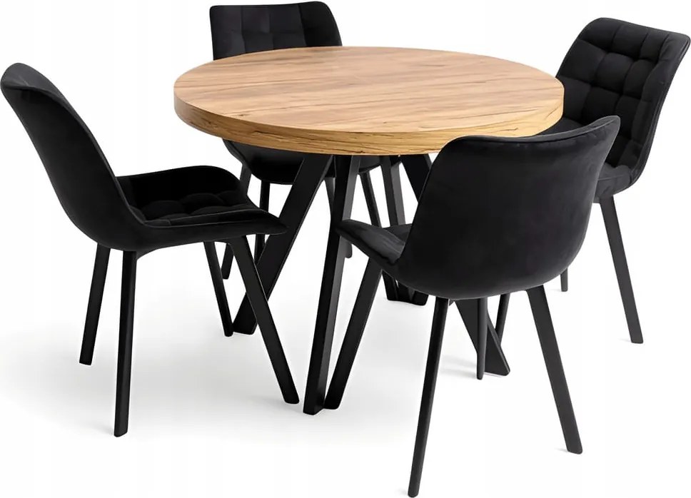 Stół okrągły rozkładany Ø110/210 cm DĄB CRAFT + 4 Krzesła Velvet Czarny