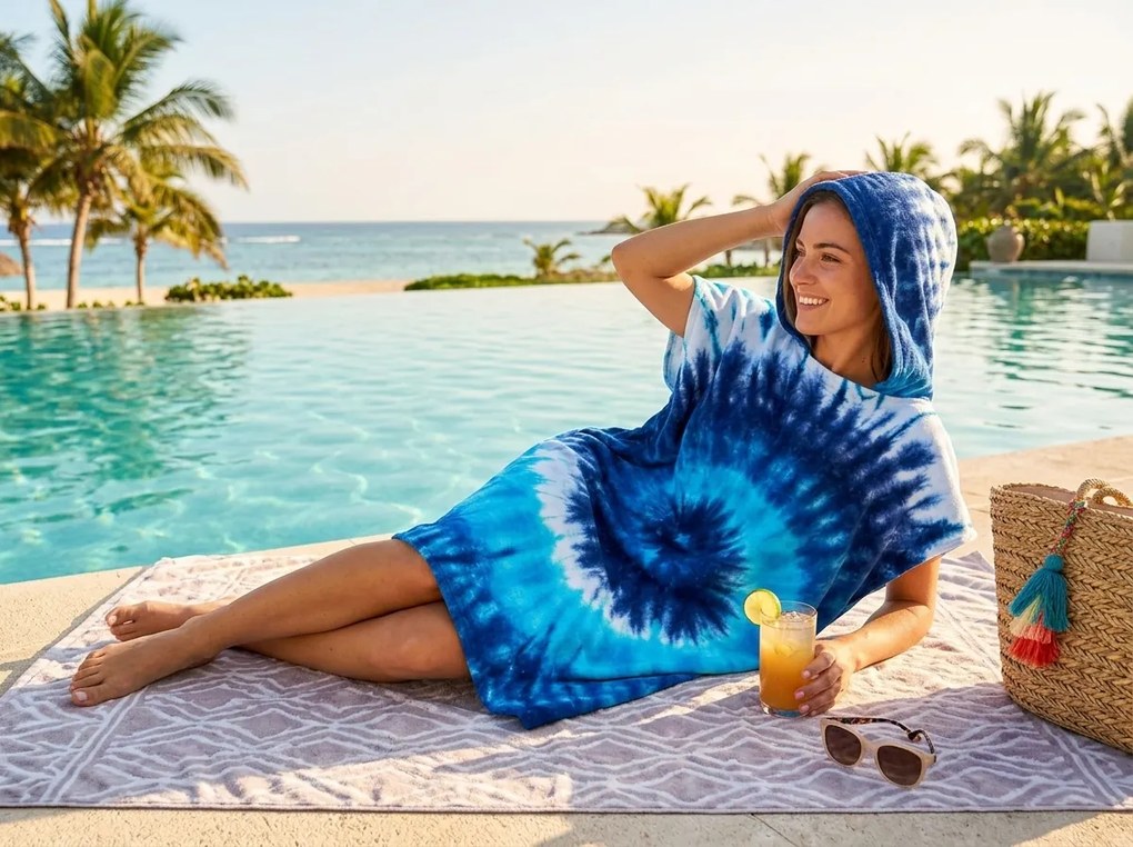 Plażowe poncho BATIK WAVE niebieskie 80x145 cm