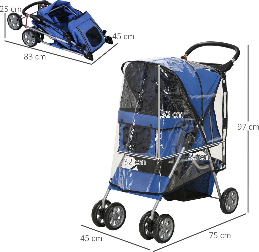 Outsunny Wózek dla Psa Składany z Osłoną Przeciwdeszczową Niebieski | Aosom PL
