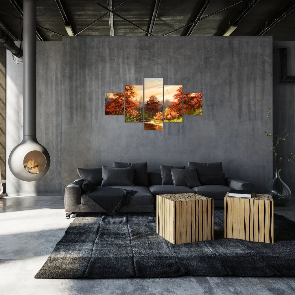Obraz rzeki w jesiennym krajobrazie, obraz olejny (125x70 cm)