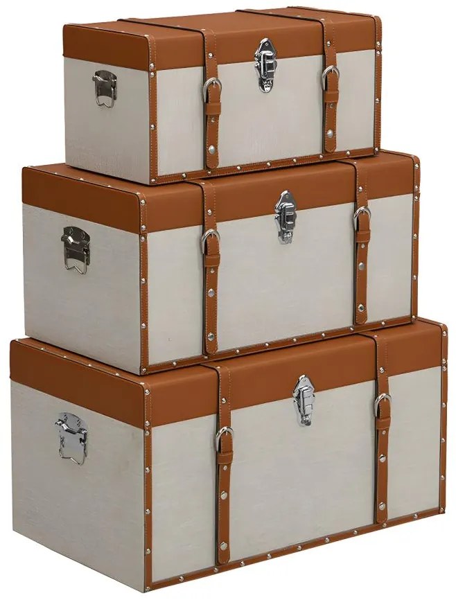 Zestaw 3 kuferków z drewna sosnowego i MDF – pokrycie ze skóry ekologicznej i tkaniny – 3 rozmiary – brązowy i taupe – JACINTO