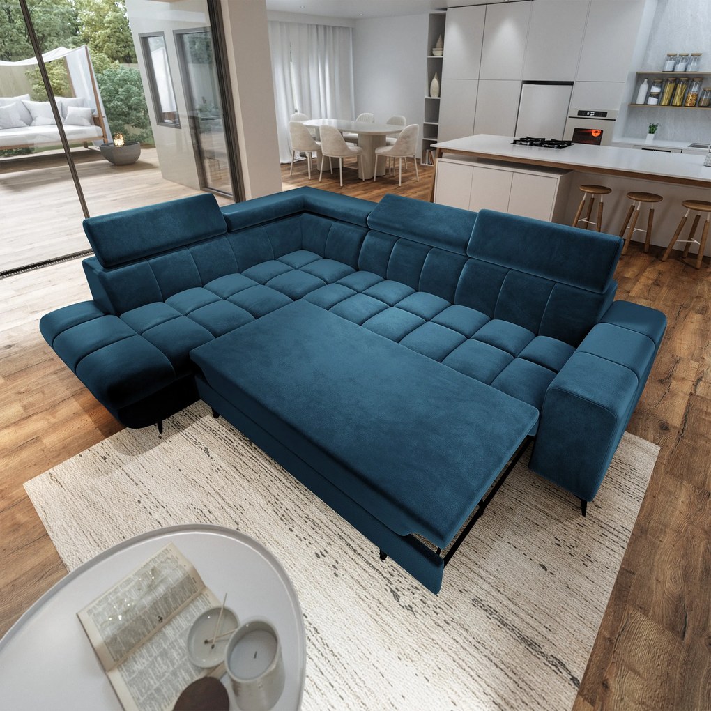 Masseno Narożnik MORIVA z funkcją spania i pojemnikiem na pościel Narozniki L, Rozkładana sofa - Niebieski, MONOLITH 77