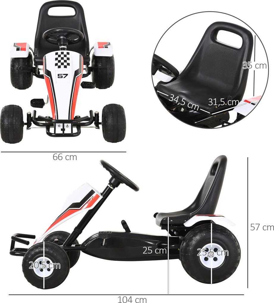 Gokart HOMCOM samochód dziecięcy na pedały z pedałem hamulca zabawka dla dzieci 3–8 lat stal kolor biały 104 x 66 x 57 cm z
