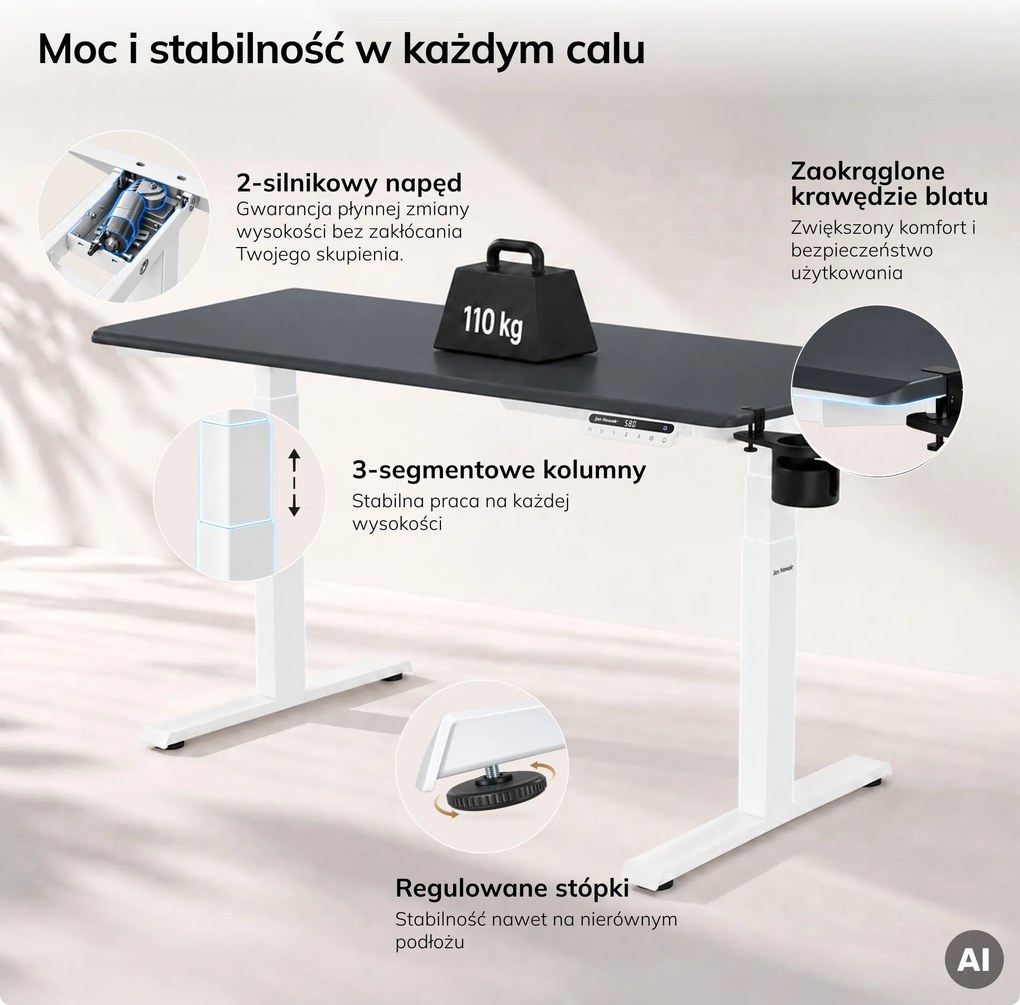 Biurko elektryczne z regulacją wysokości ergonomiczne biało-antracytowe,1400x700 mm: ARIA