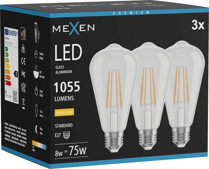 Mexen Vintis 3x żarówka filament LED E27, ST64, 8W, Ciepła - 2700K, 1055 lm, clear - L152-E27-0827-00x03