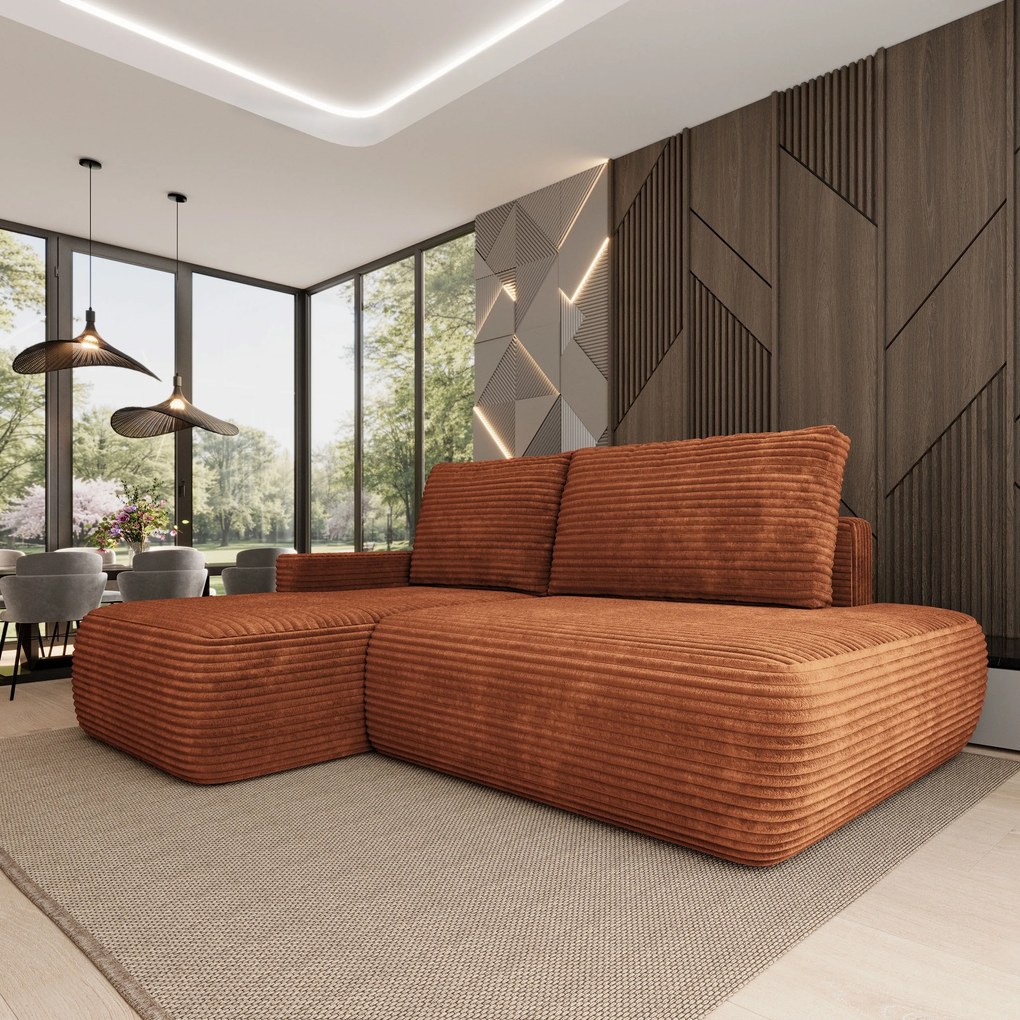 Masseno Narożnik AVINI z funkcją spania i pojemnikiem na pościel Narozniki L, Rozkładana sofa - Brązowy, TILIA 52